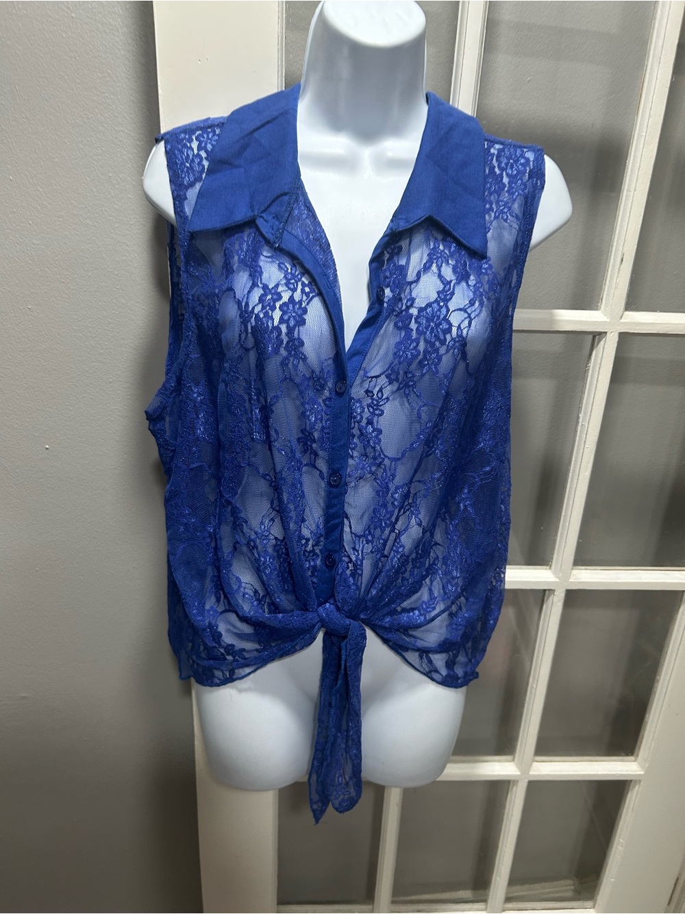 Free Kisses Royal Blue Sheer Lace Button-Front Tie Top